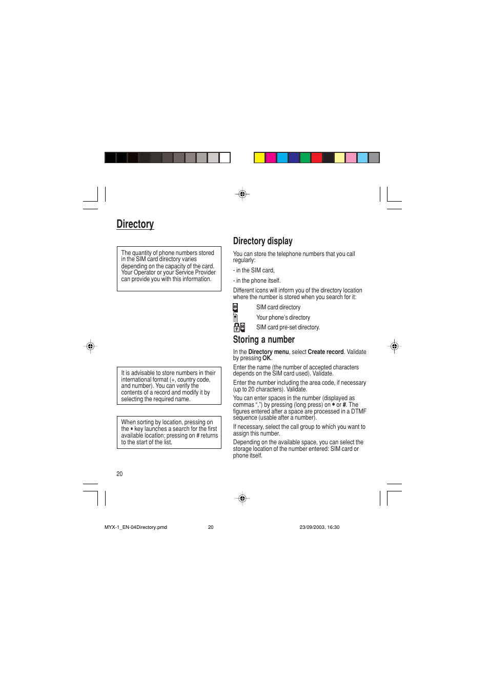 Directory, Directory display, Storing a number | Sagem myX-1 User Manual | Page 21 / 77