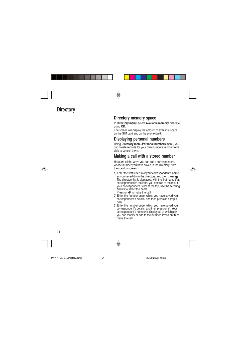 Directory, Displaying personal numbers, Making a call with a stored number | Sagem myX-1 User Manual | Page 25 / 77