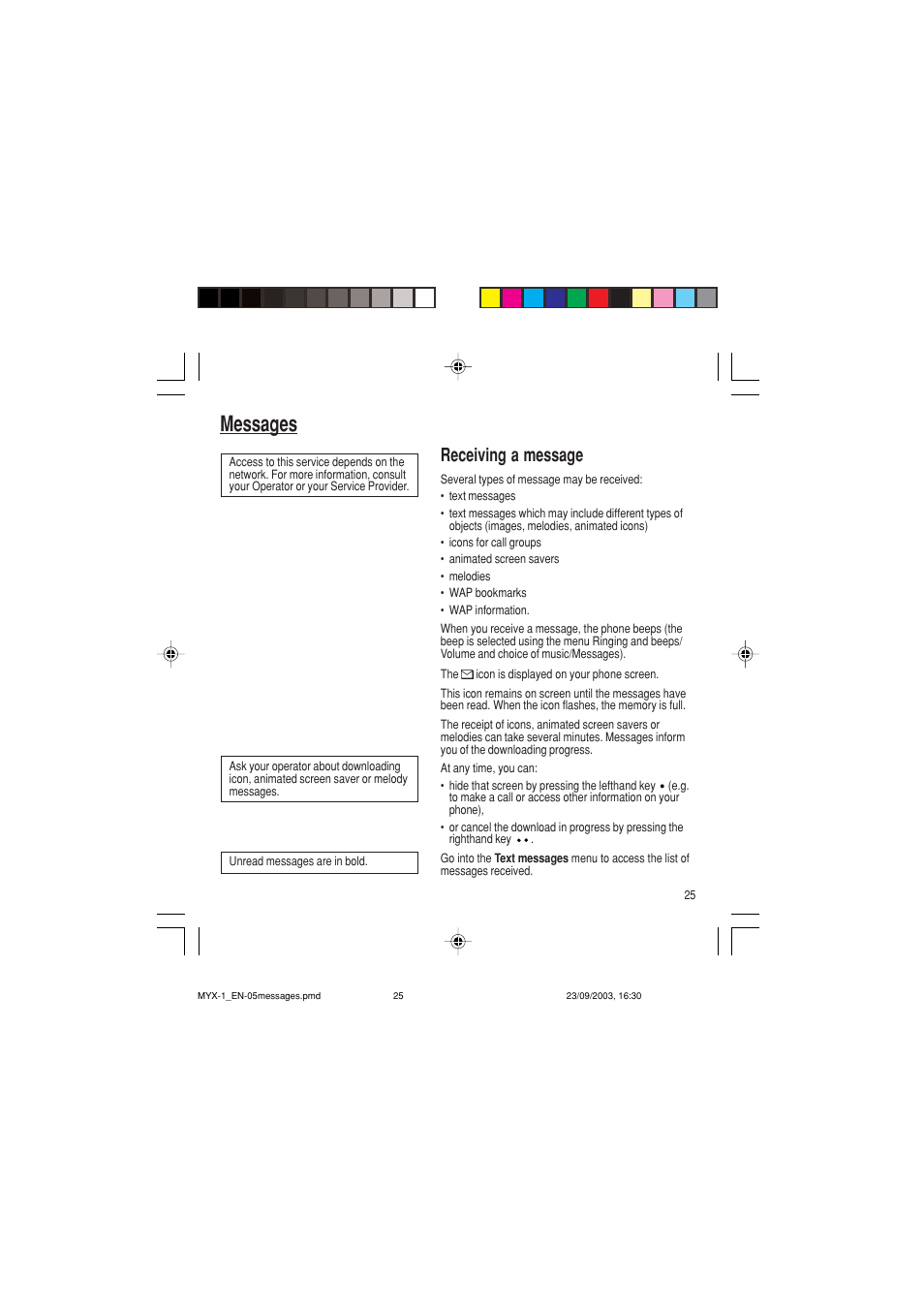 Messages, Receiving a message | Sagem myX-1 User Manual | Page 26 / 77