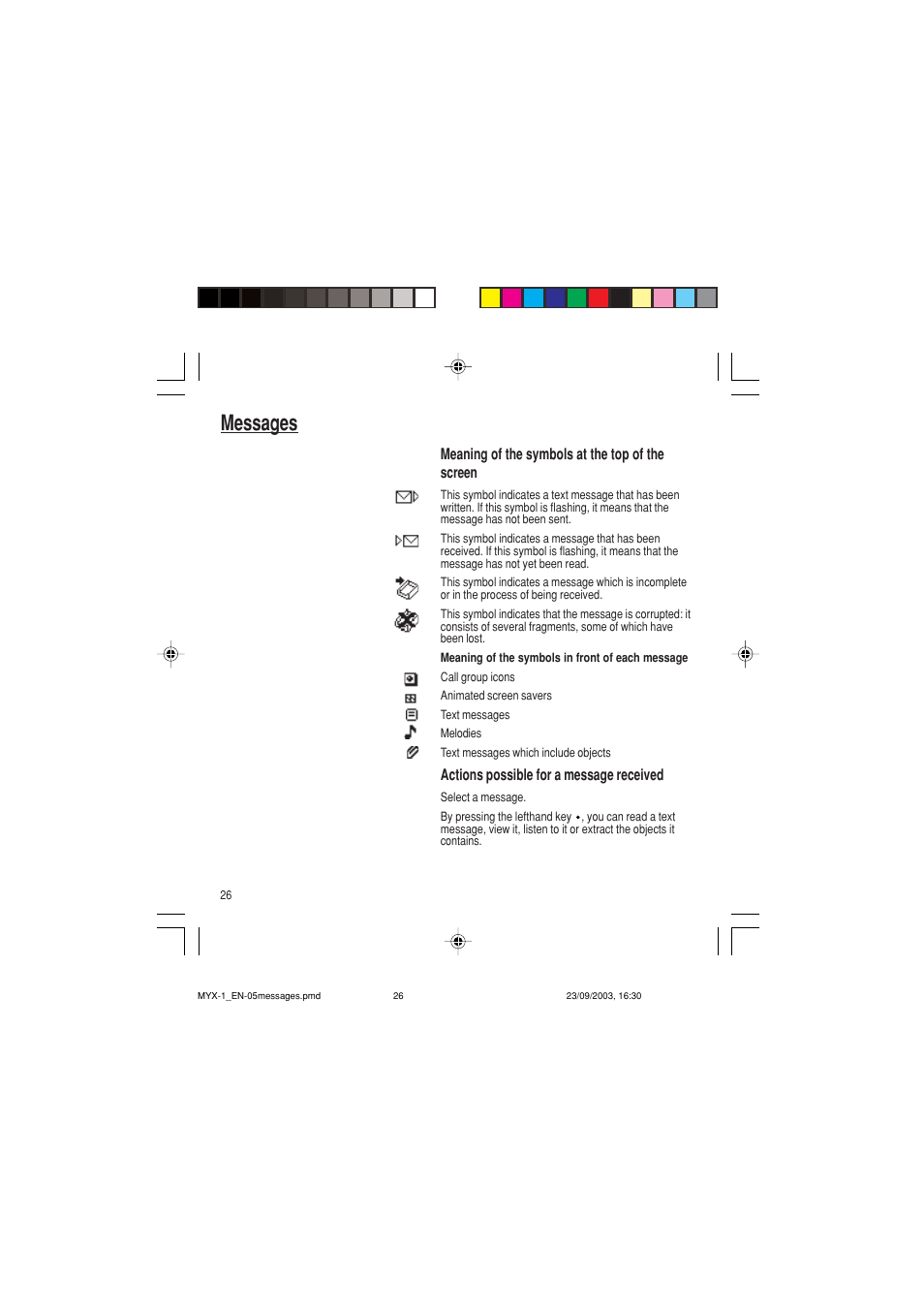 Messages, Meaning of the symbols at the top of the screen, Actions possible for a message received | Sagem myX-1 User Manual | Page 27 / 77