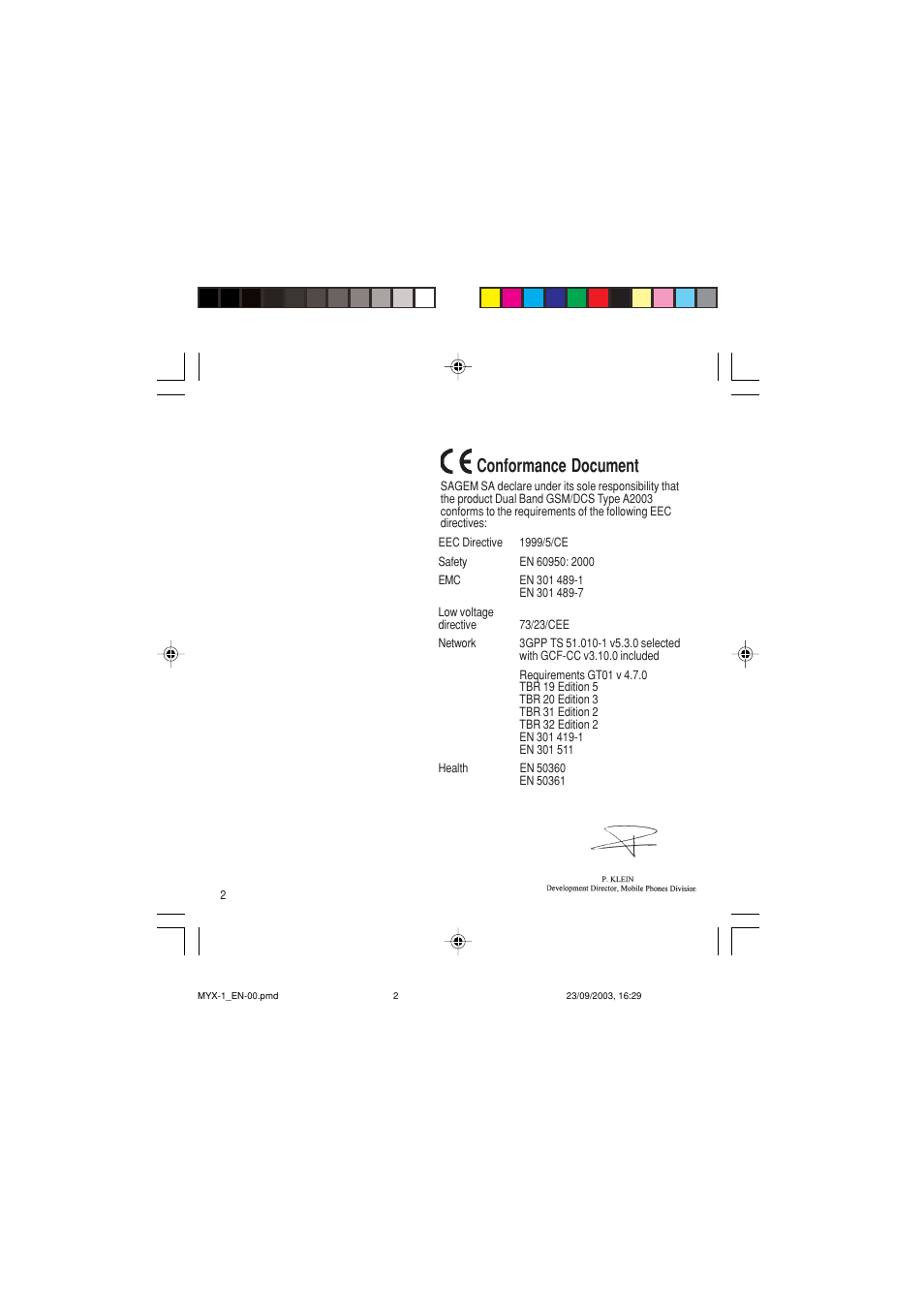 Conformance document | Sagem myX-1 User Manual | Page 3 / 77