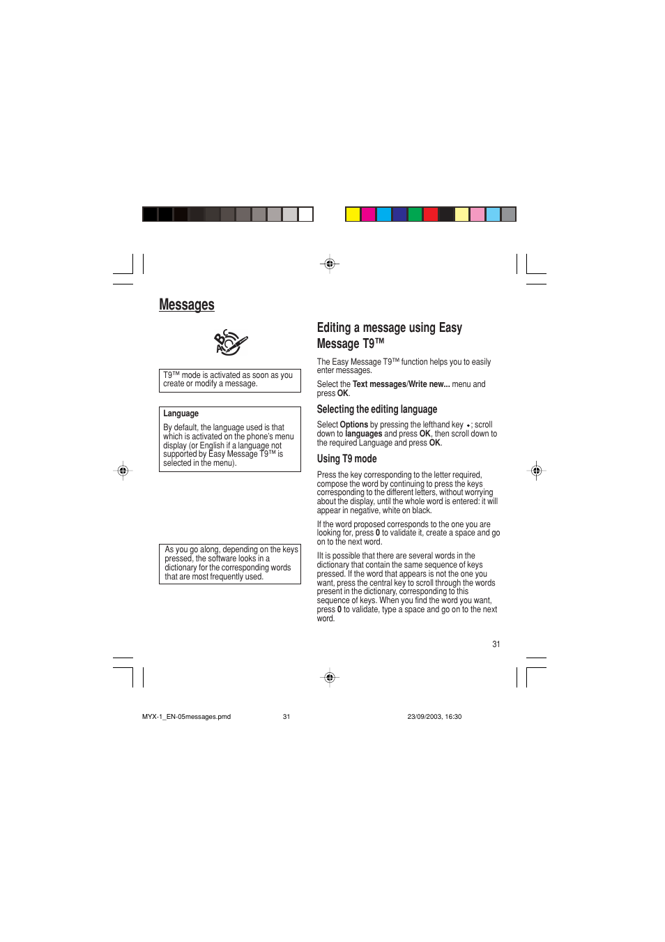 Messages, Editing a message using easy message t9 | Sagem myX-1 User Manual | Page 32 / 77