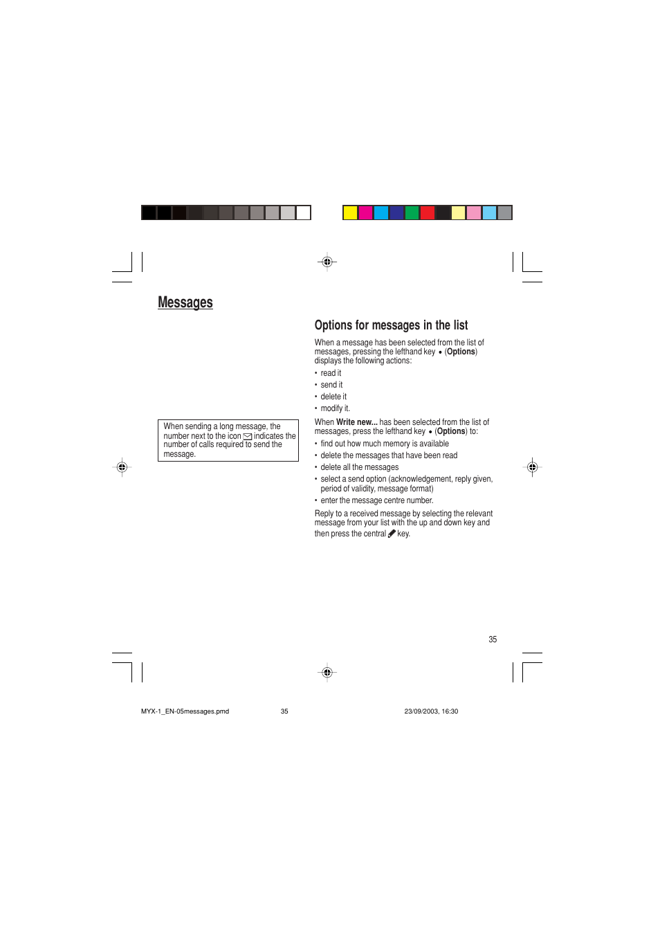 Messages, Options for messages in the list | Sagem myX-1 User Manual | Page 36 / 77