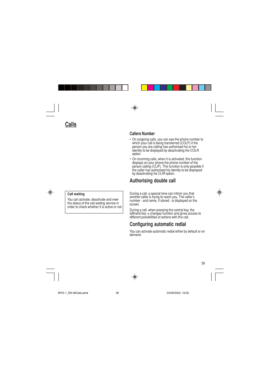 Calls, Authorising double call, Configuring automatic redial | Sagem myX-1 User Manual | Page 40 / 77