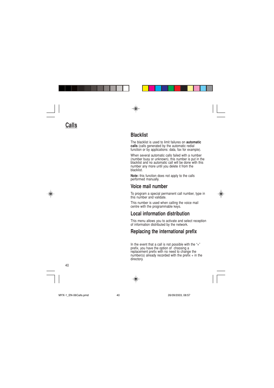 Calls, Blacklist, Voice mail number | Local information distribution, Replacing the international prefix | Sagem myX-1 User Manual | Page 41 / 77