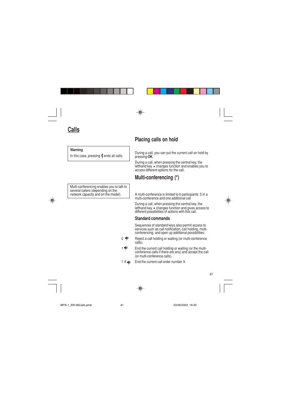 Calls, Placing calls on hold, Multi-conferencing (*) | Sagem myX-1 User Manual | Page 42 / 77