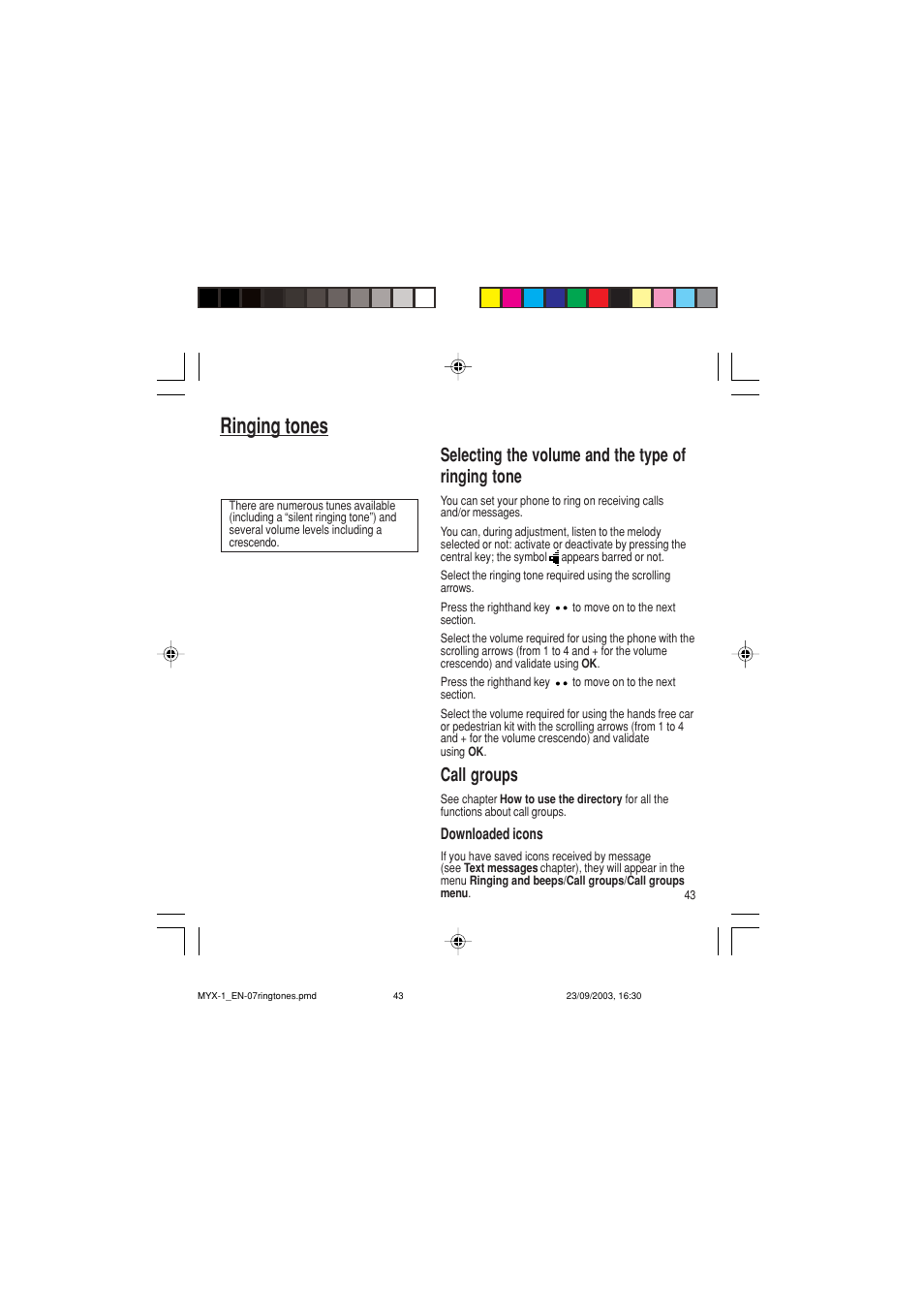 Ringing tones, Selecting the volume and the type of ringing tone, Call groups | Sagem myX-1 User Manual | Page 44 / 77