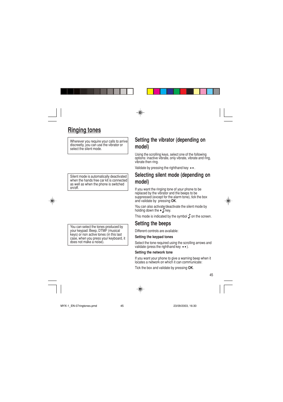 Ringing tones, Setting the vibrator (depending on model), Selecting silent mode (depending on model) | Setting the beeps | Sagem myX-1 User Manual | Page 46 / 77