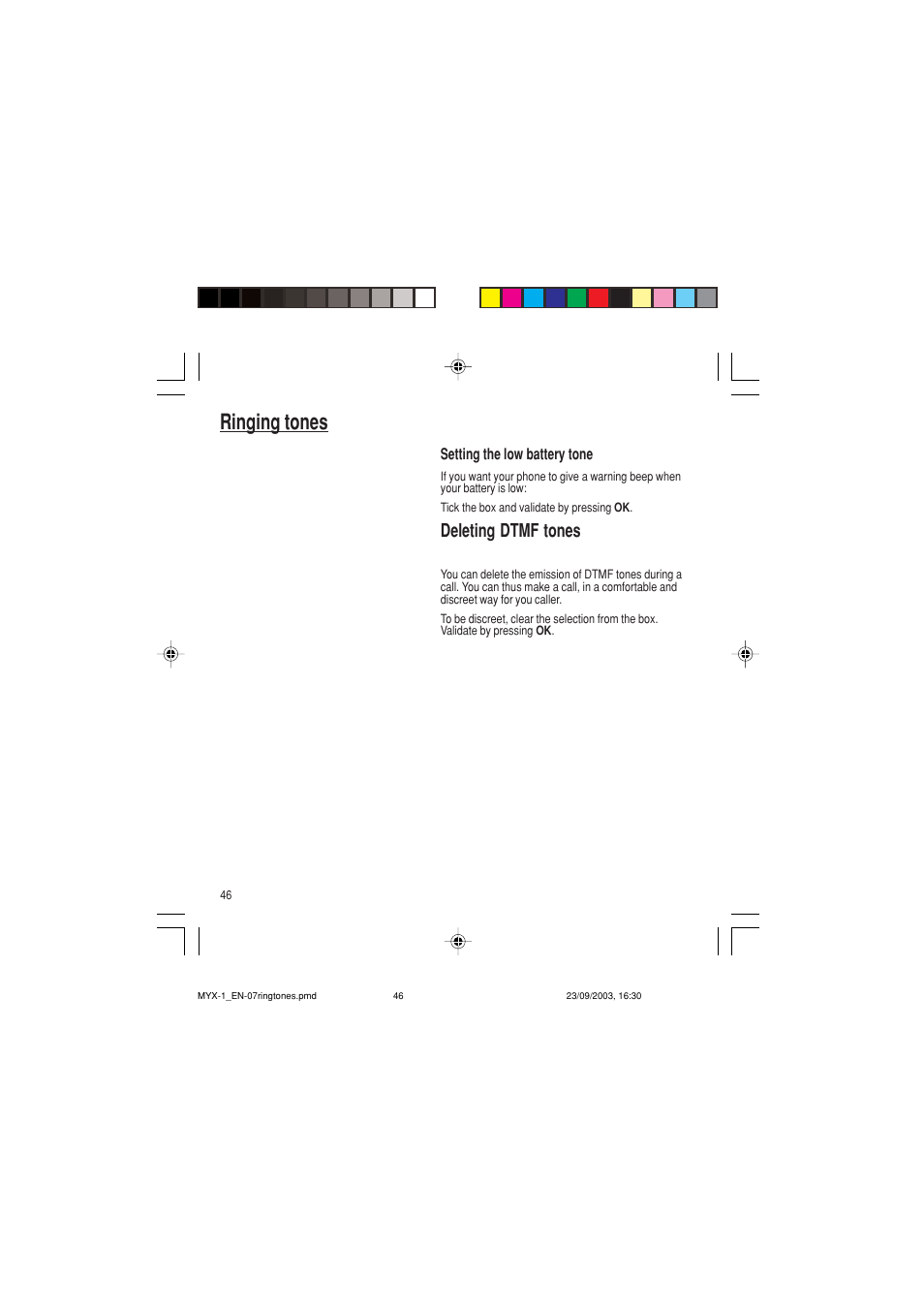 Ringing tones, Deleting dtmf tones | Sagem myX-1 User Manual | Page 47 / 77