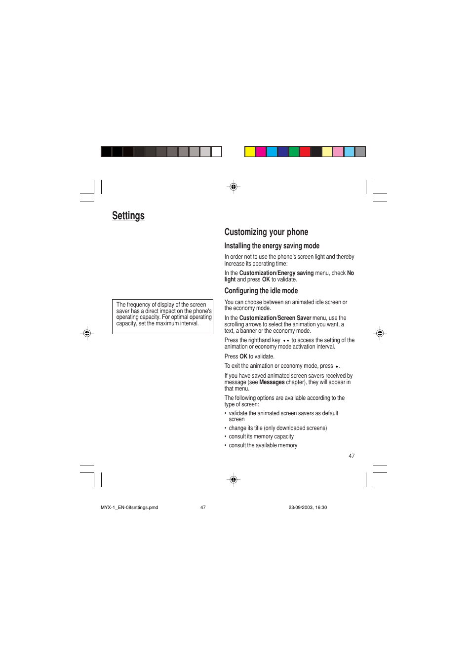 Settings, Customizing your phone | Sagem myX-1 User Manual | Page 48 / 77