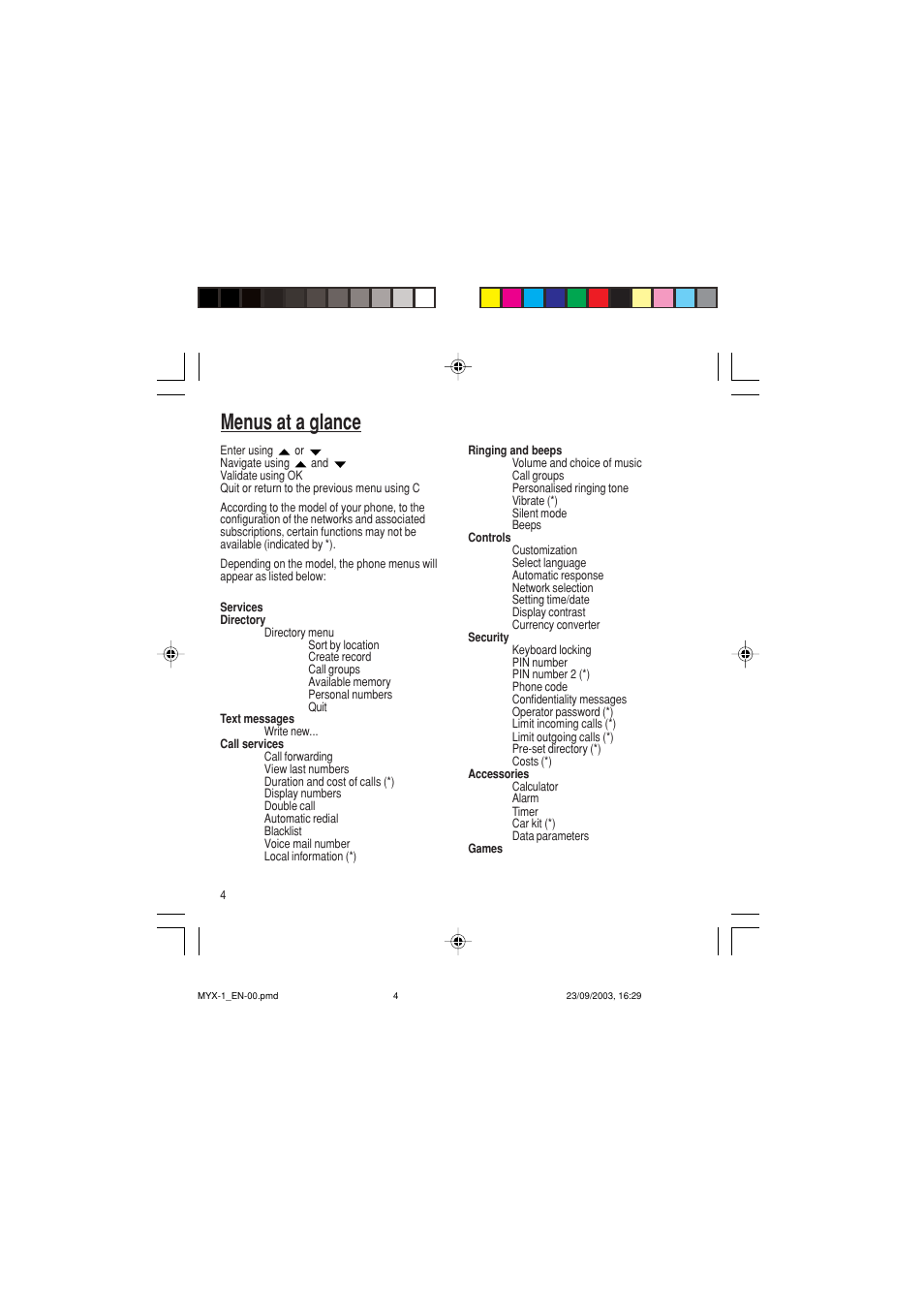 Menus at a glance | Sagem myX-1 User Manual | Page 5 / 77