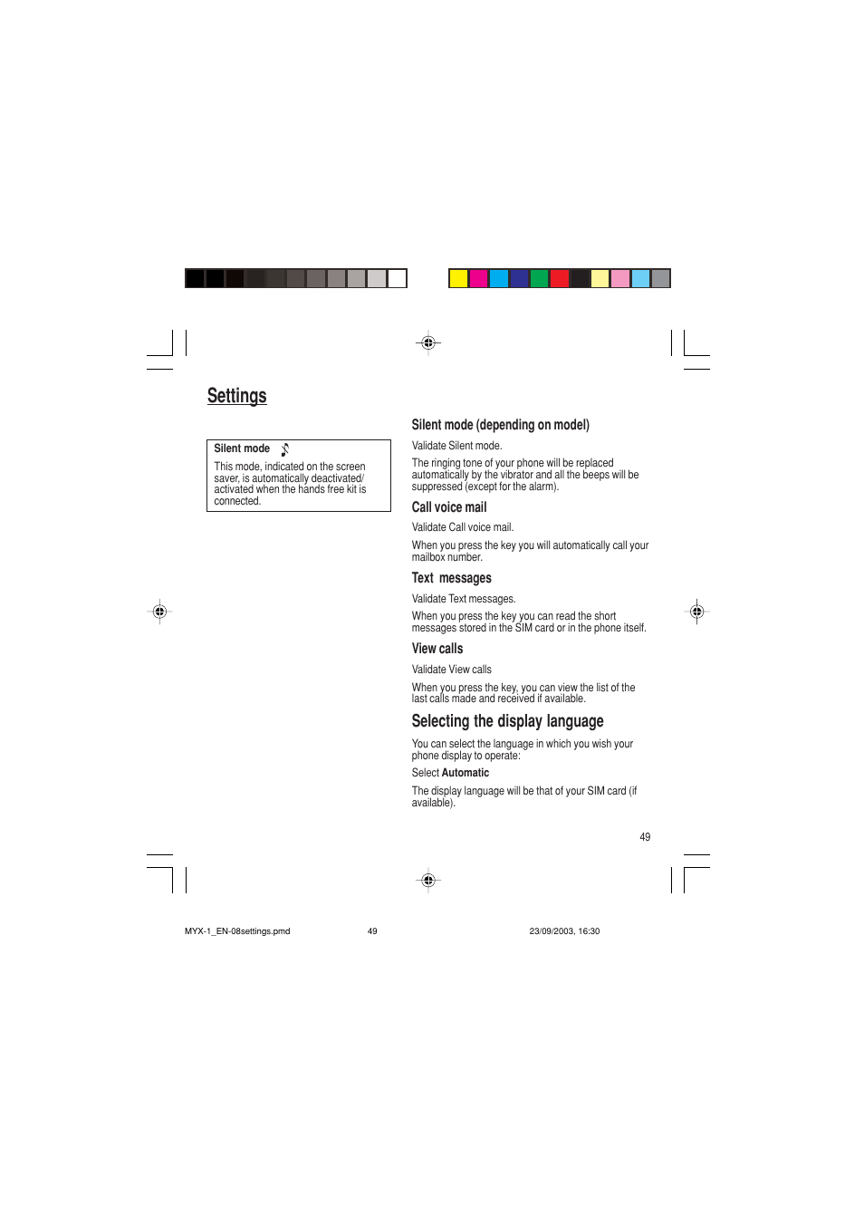 Settings, Selecting the display language | Sagem myX-1 User Manual | Page 50 / 77