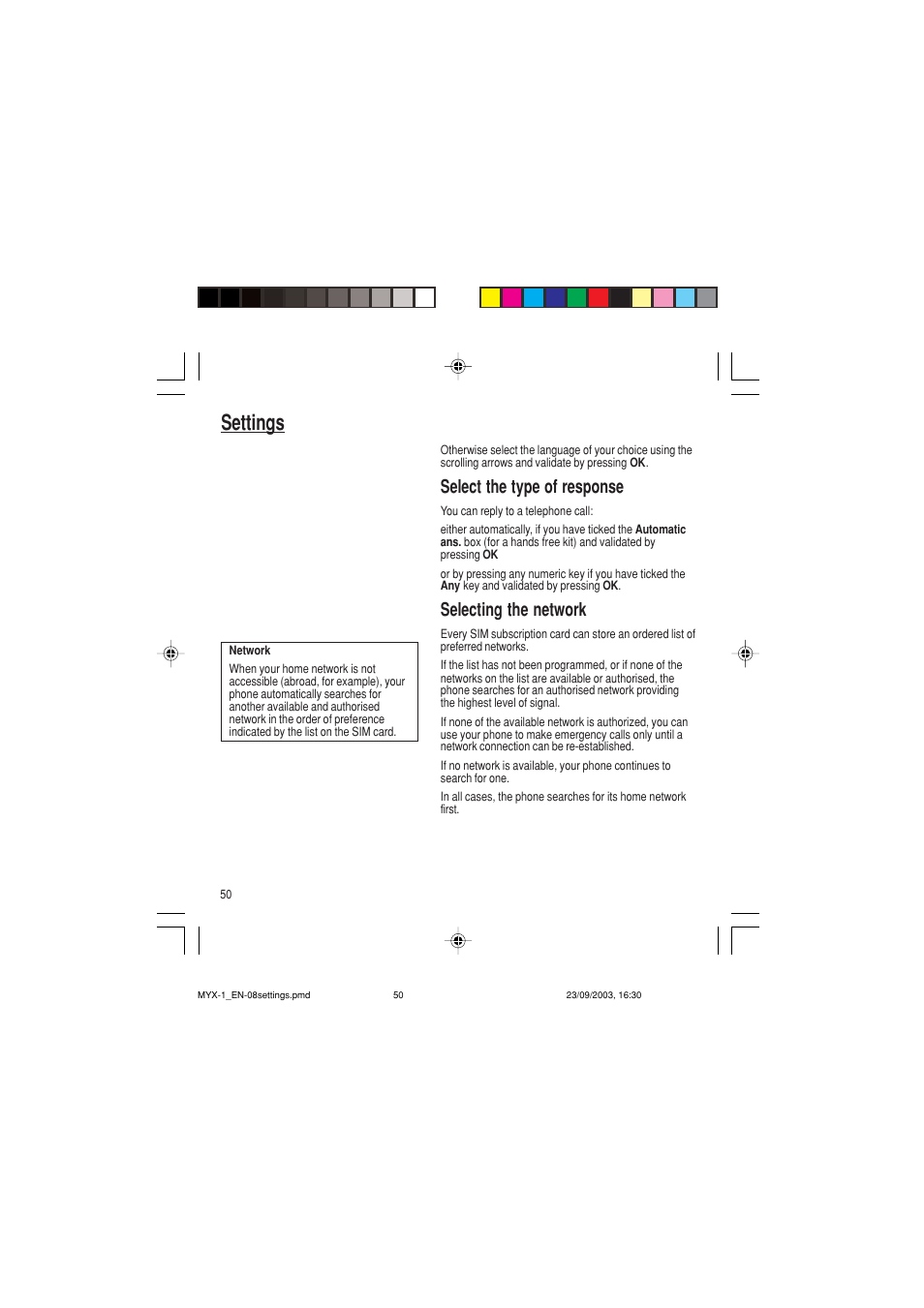 Settings, Select the type of response, Selecting the network | Sagem myX-1 User Manual | Page 51 / 77