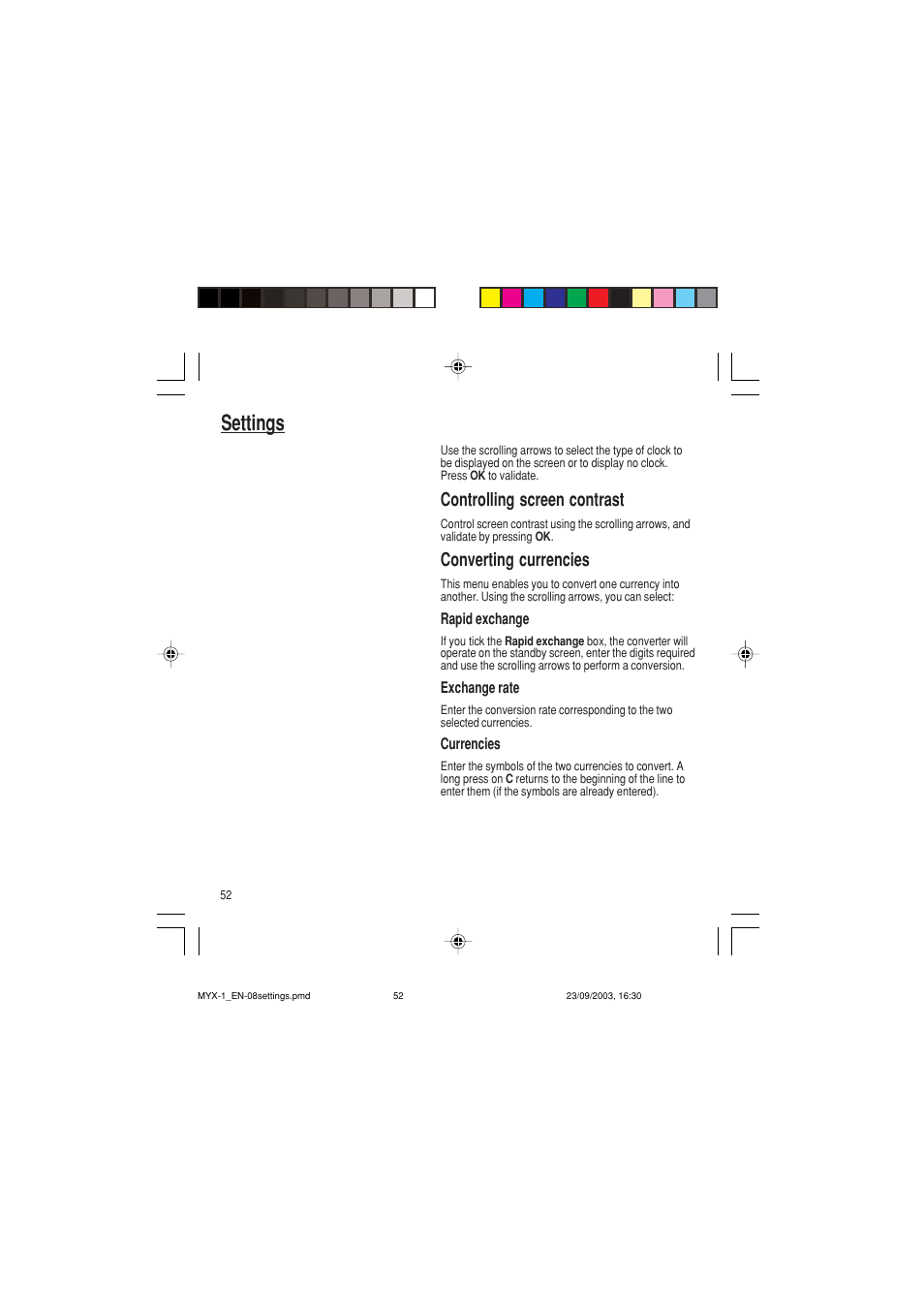 Settings, Controlling screen contrast, Converting currencies | Sagem myX-1 User Manual | Page 53 / 77