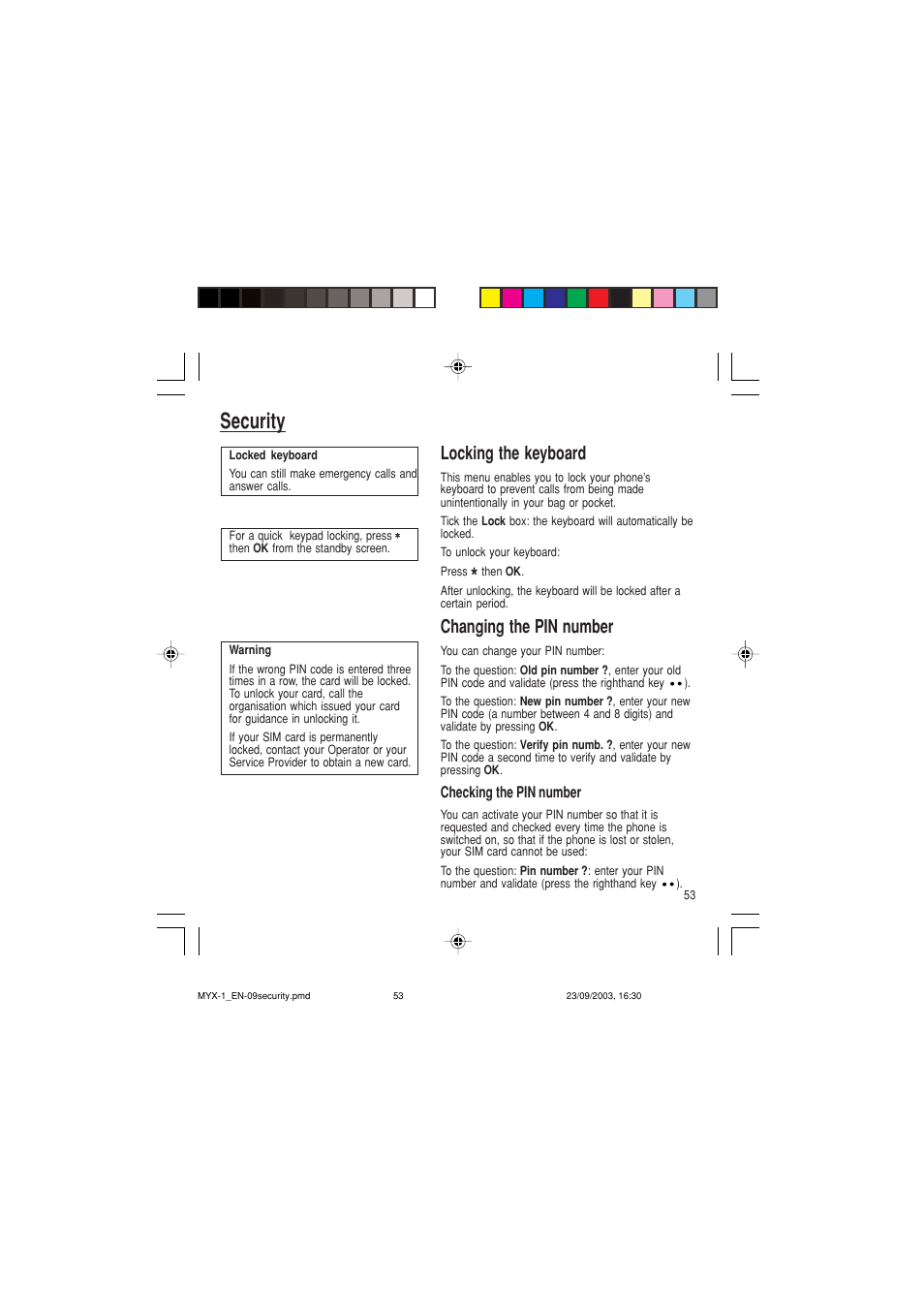 Security, Locking the keyboard, Changing the pin number | Sagem myX-1 User Manual | Page 54 / 77