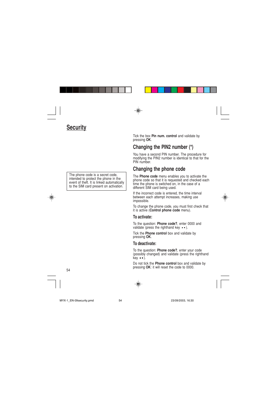 Security, Changing the pin2 number (*), Changing the phone code | Sagem myX-1 User Manual | Page 55 / 77