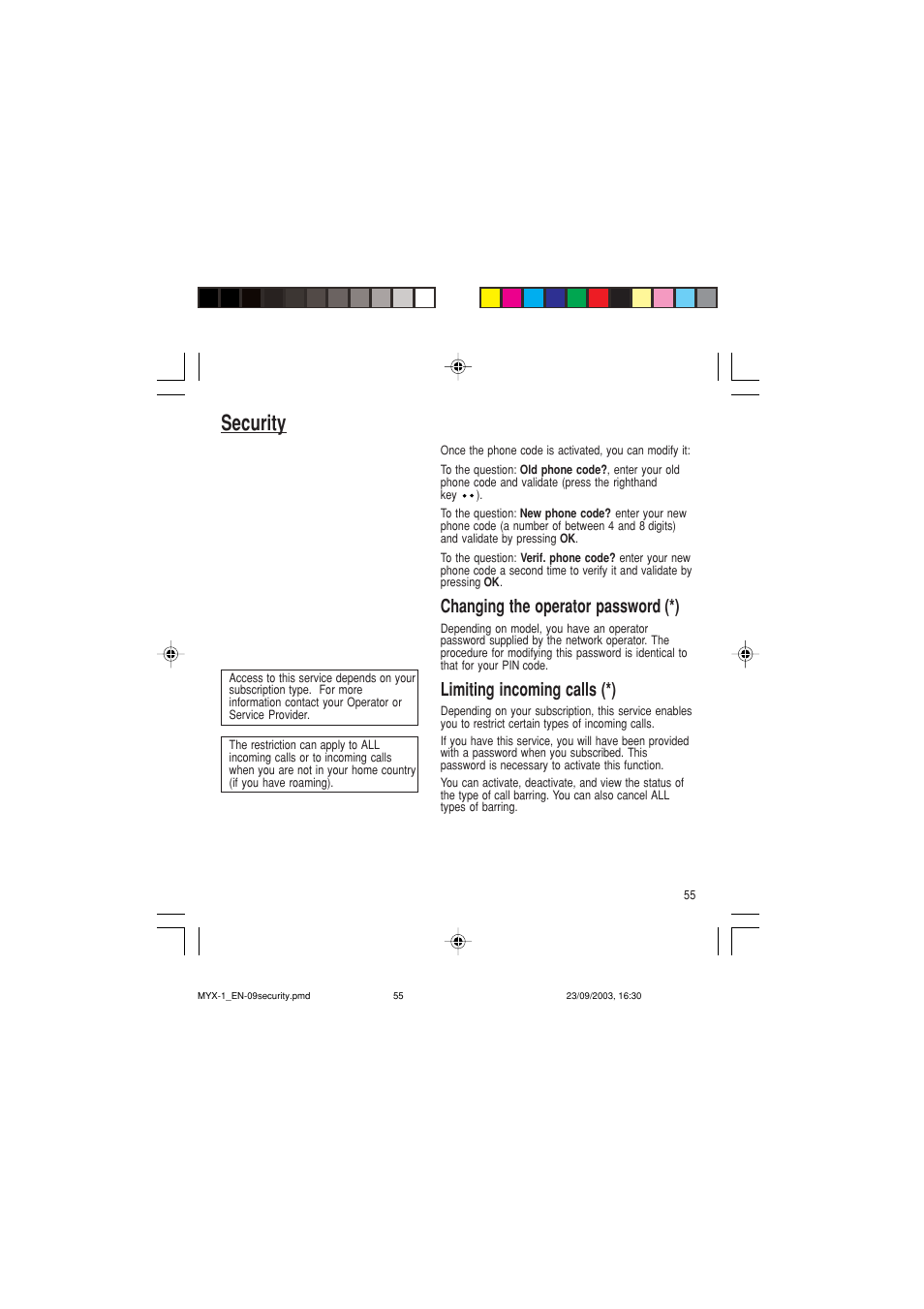 Security, Changing the operator password (*), Limiting incoming calls (*) | Sagem myX-1 User Manual | Page 56 / 77