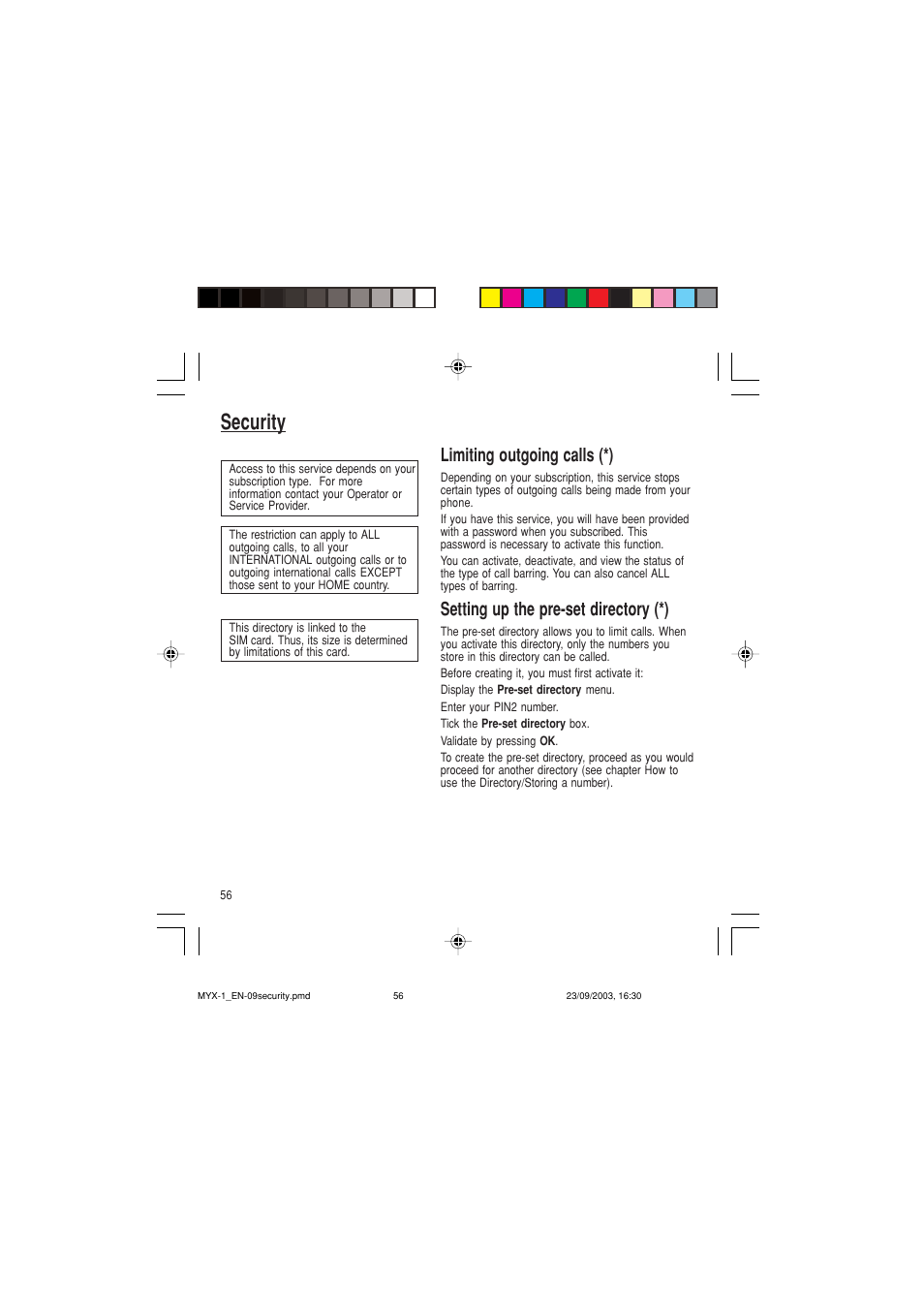 Security, Limiting outgoing calls (*), Setting up the pre-set directory (*) | Sagem myX-1 User Manual | Page 57 / 77