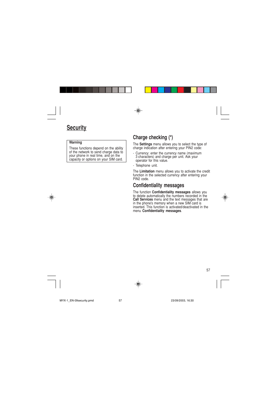 Security, Charge checking (*), Confidentiality messages | Sagem myX-1 User Manual | Page 58 / 77