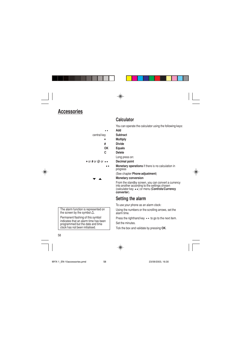 Accessories, Calculator, Setting the alarm | Sagem myX-1 User Manual | Page 59 / 77