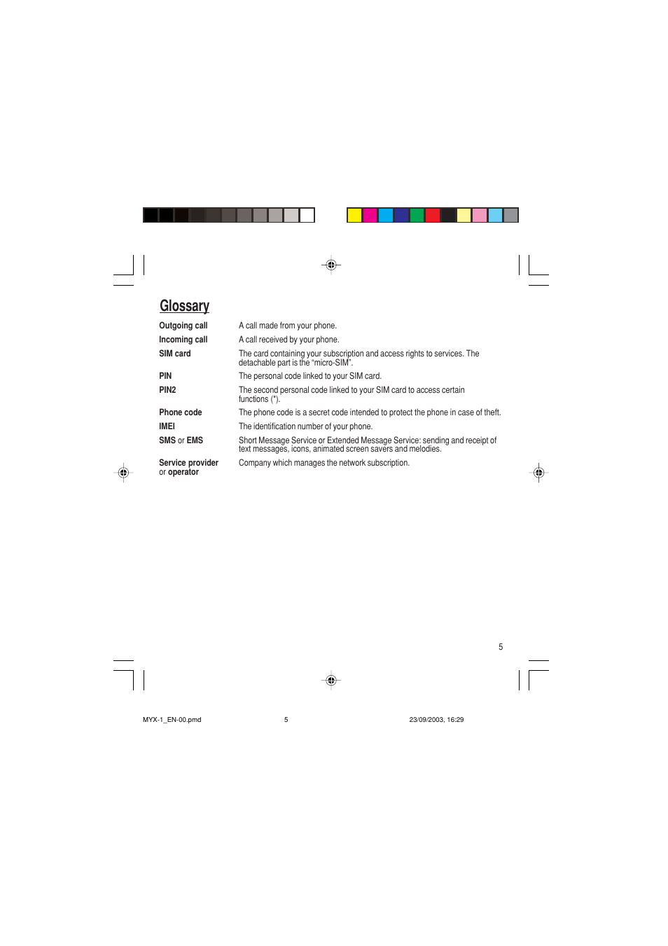 Glossary | Sagem myX-1 User Manual | Page 6 / 77