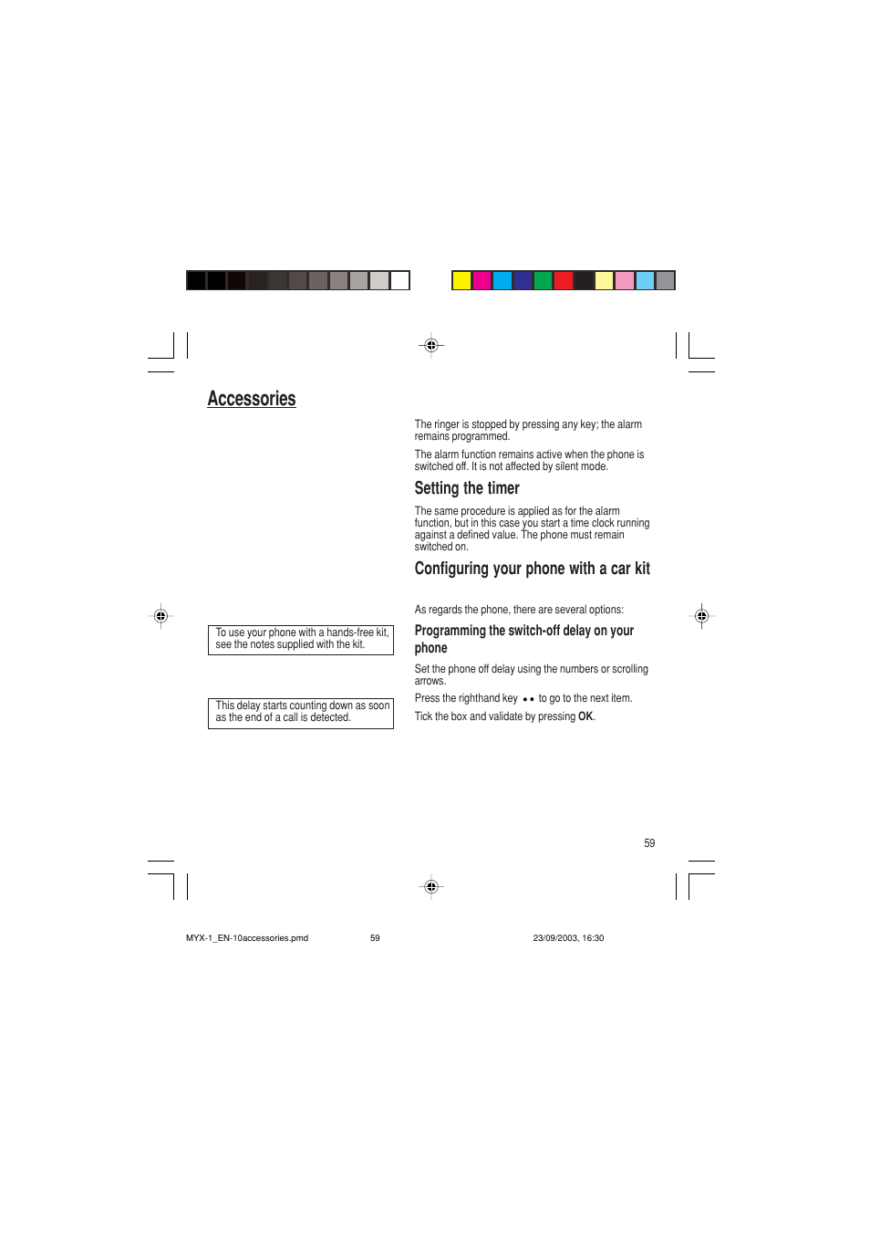 Accessories, Setting the timer, Configuring your phone with a car kit | Sagem myX-1 User Manual | Page 60 / 77