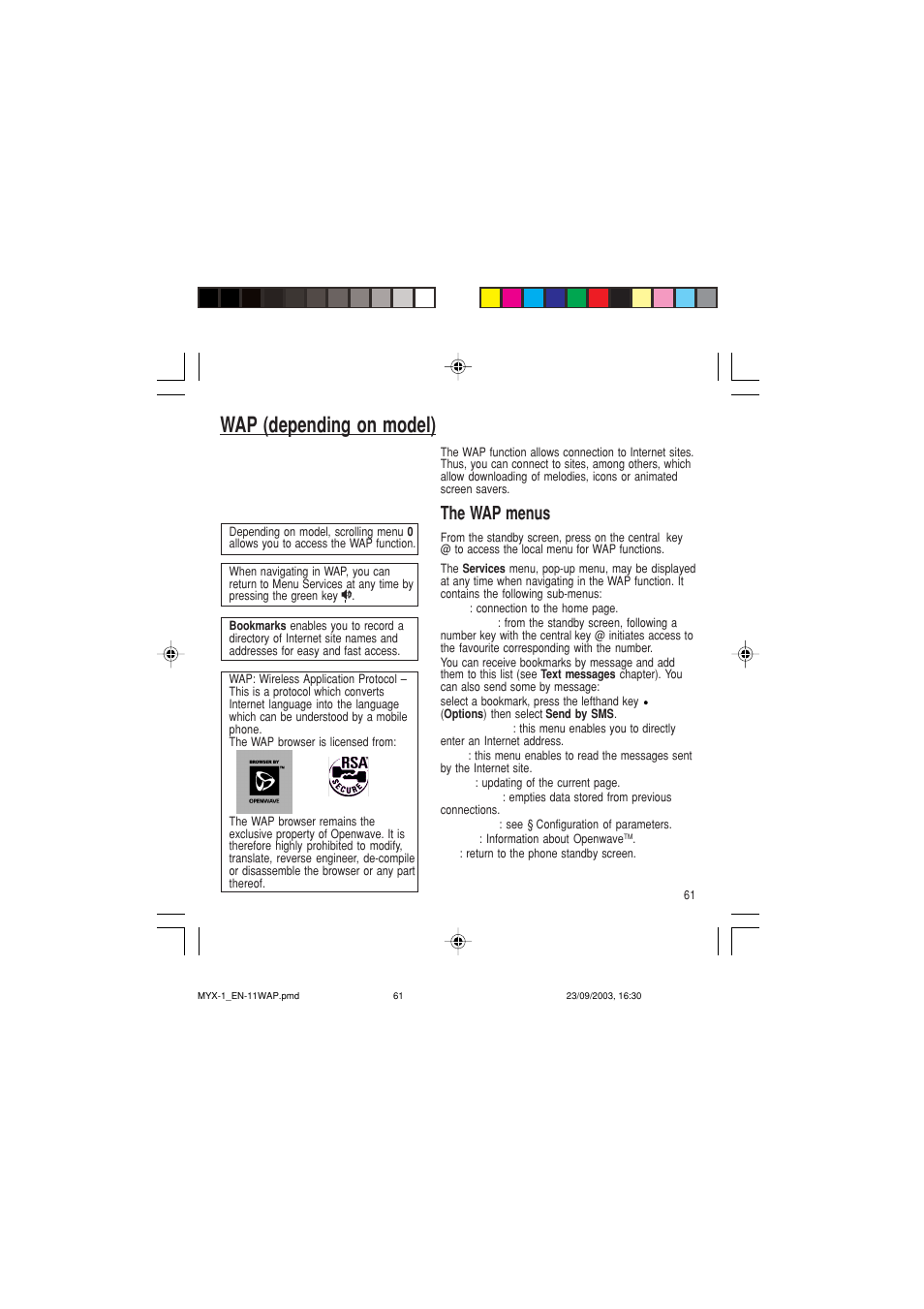 Wap (depending on model), The wap menus | Sagem myX-1 User Manual | Page 62 / 77