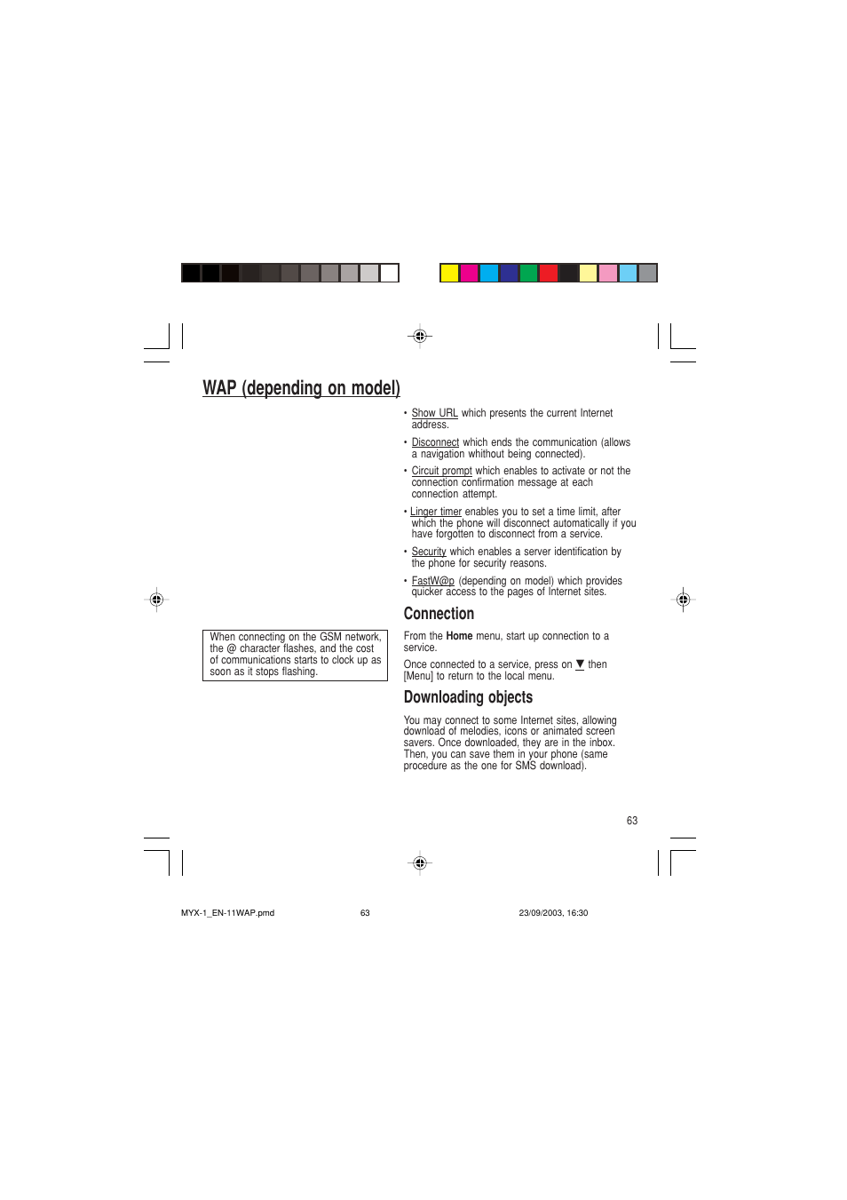 Wap (depending on model), Connection, Downloading objects | Sagem myX-1 User Manual | Page 64 / 77