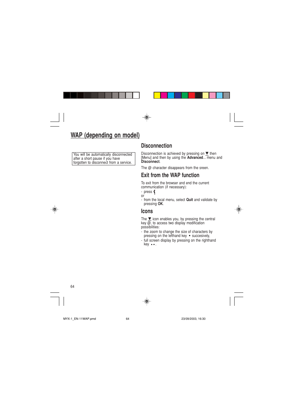 Wap (depending on model), Disconnection, Exit from the wap function | Icons | Sagem myX-1 User Manual | Page 65 / 77