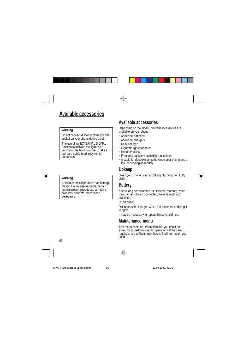 Available accessories, Upkeep, Battery | Maintenance menu | Sagem myX-1 User Manual | Page 67 / 77