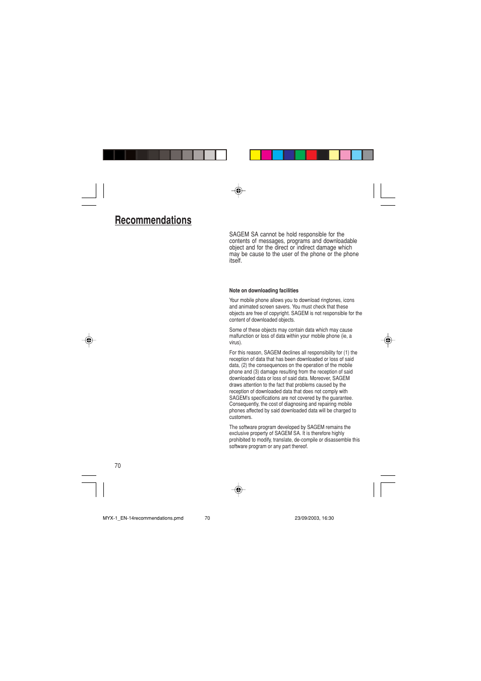 Recommendations | Sagem myX-1 User Manual | Page 71 / 77