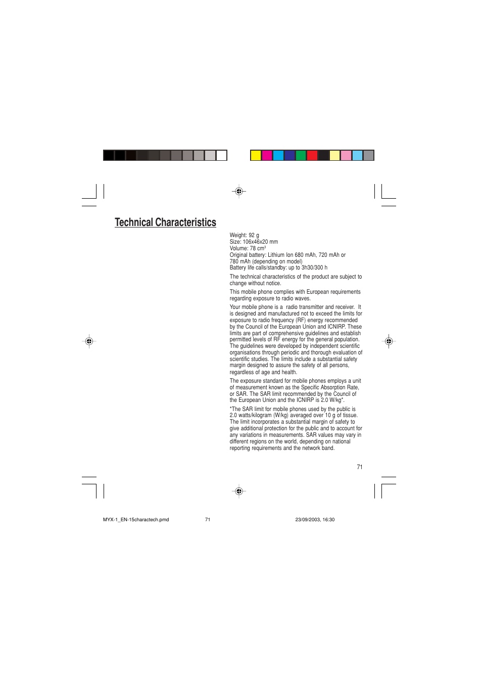 Technical characteristics | Sagem myX-1 User Manual | Page 72 / 77