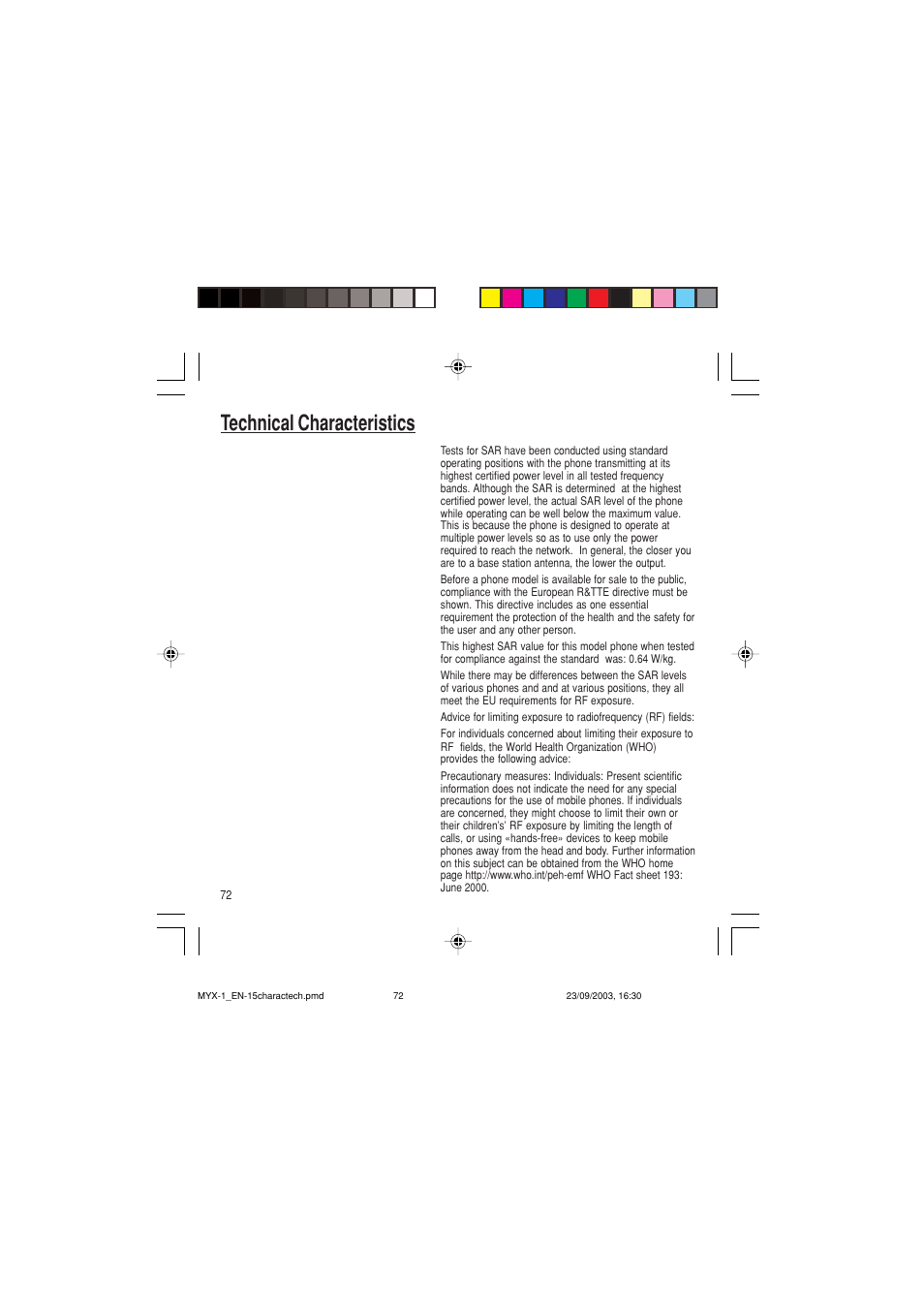 Technical characteristics | Sagem myX-1 User Manual | Page 73 / 77