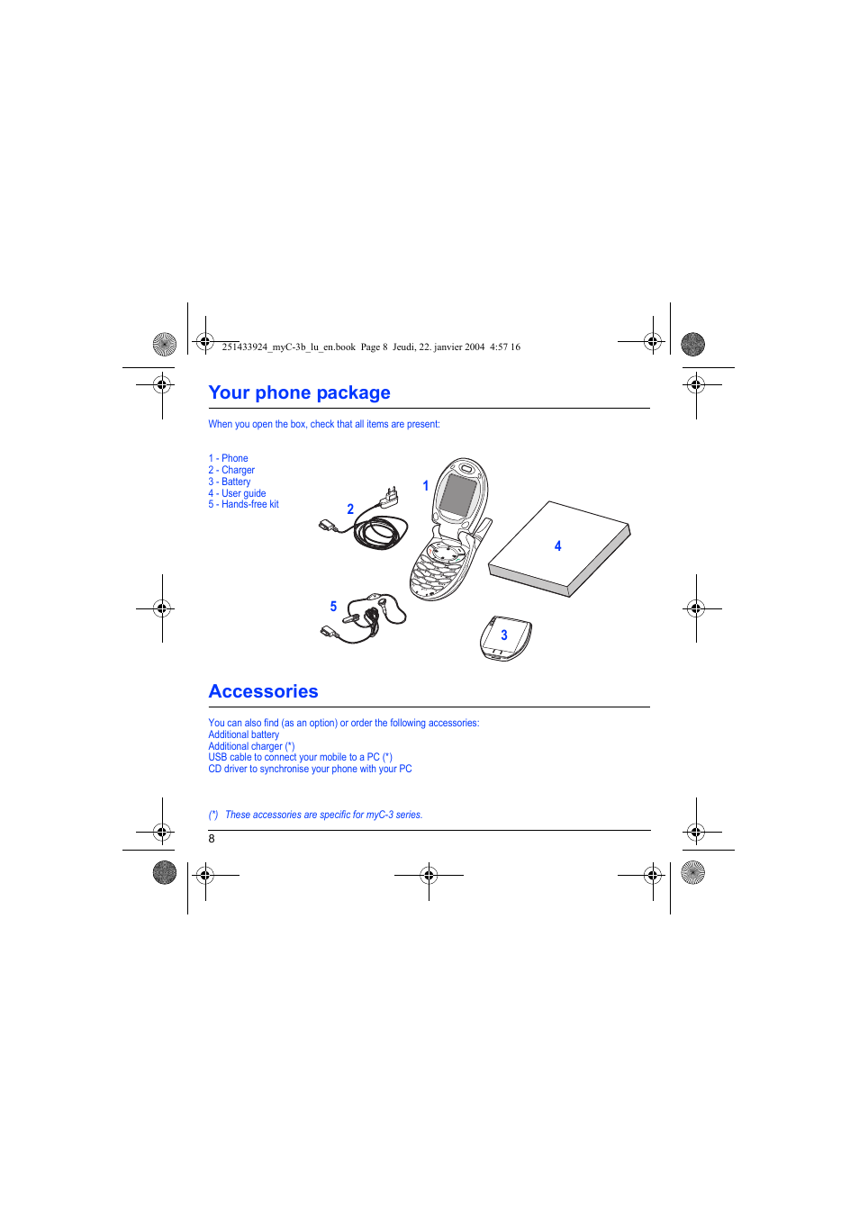 Your phone package, Accessories | Sagem myC-3b User Manual | Page 11 / 91