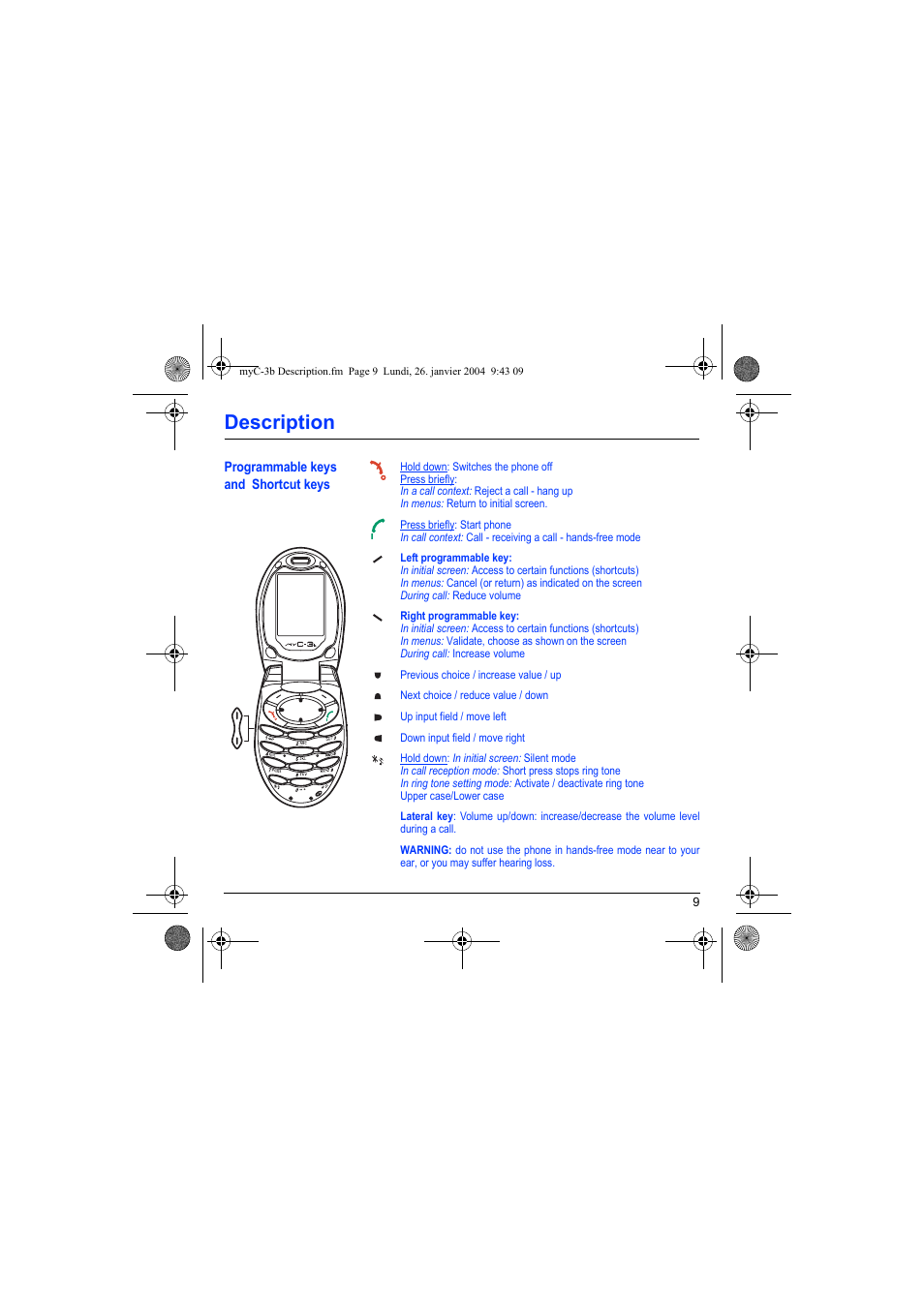 Description, Programmable keys and shortcut keys | Sagem myC-3b User Manual | Page 12 / 91