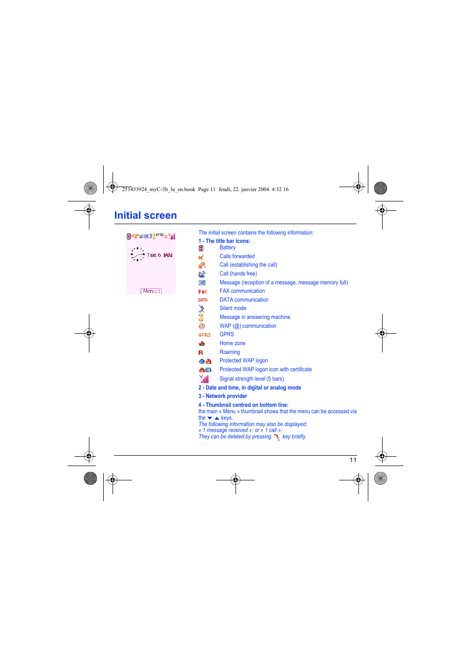 Initial screen | Sagem myC-3b User Manual | Page 14 / 91