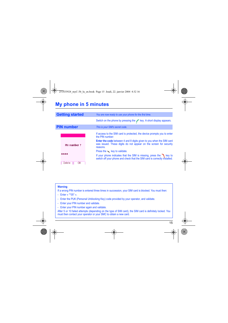 My phone in 5 minutes, Getting started pin number | Sagem myC-3b User Manual | Page 18 / 91