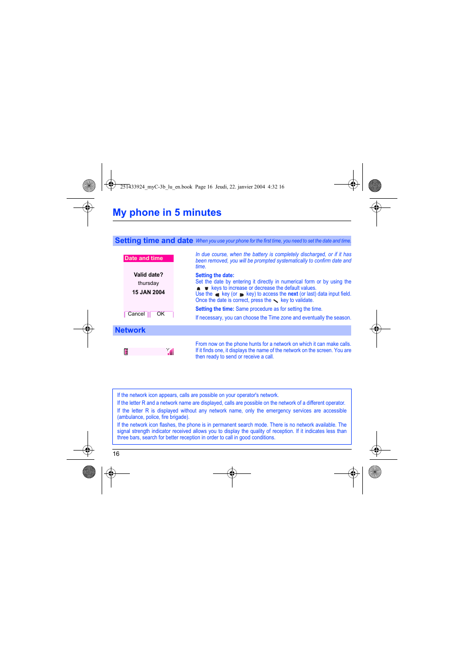 Setting time and date network, My phone in 5 minutes | Sagem myC-3b User Manual | Page 19 / 91