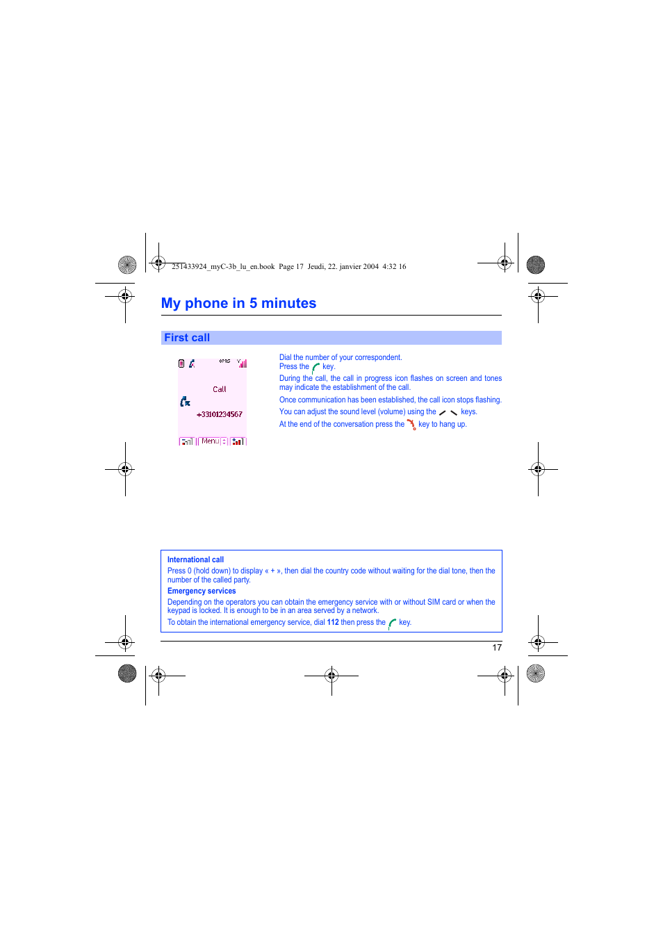 First call, My phone in 5 minutes | Sagem myC-3b User Manual | Page 20 / 91