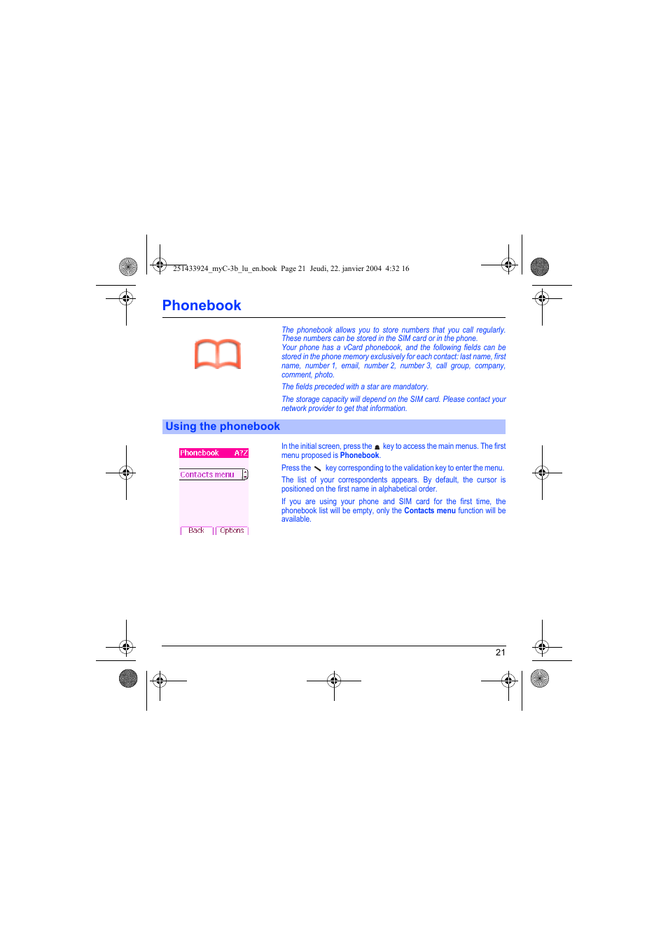 Phonebook, Using the phonebook | Sagem myC-3b User Manual | Page 24 / 91