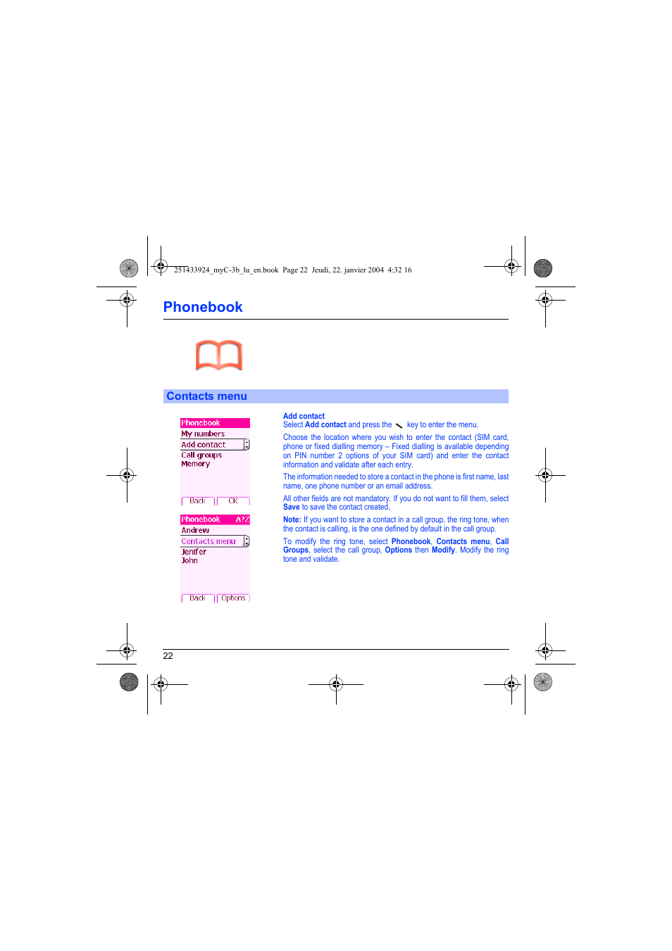 Contacts menu, Phonebook | Sagem myC-3b User Manual | Page 25 / 91