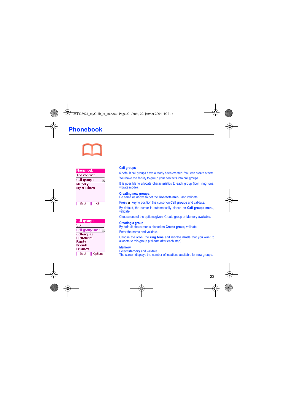 Phonebook | Sagem myC-3b User Manual | Page 26 / 91