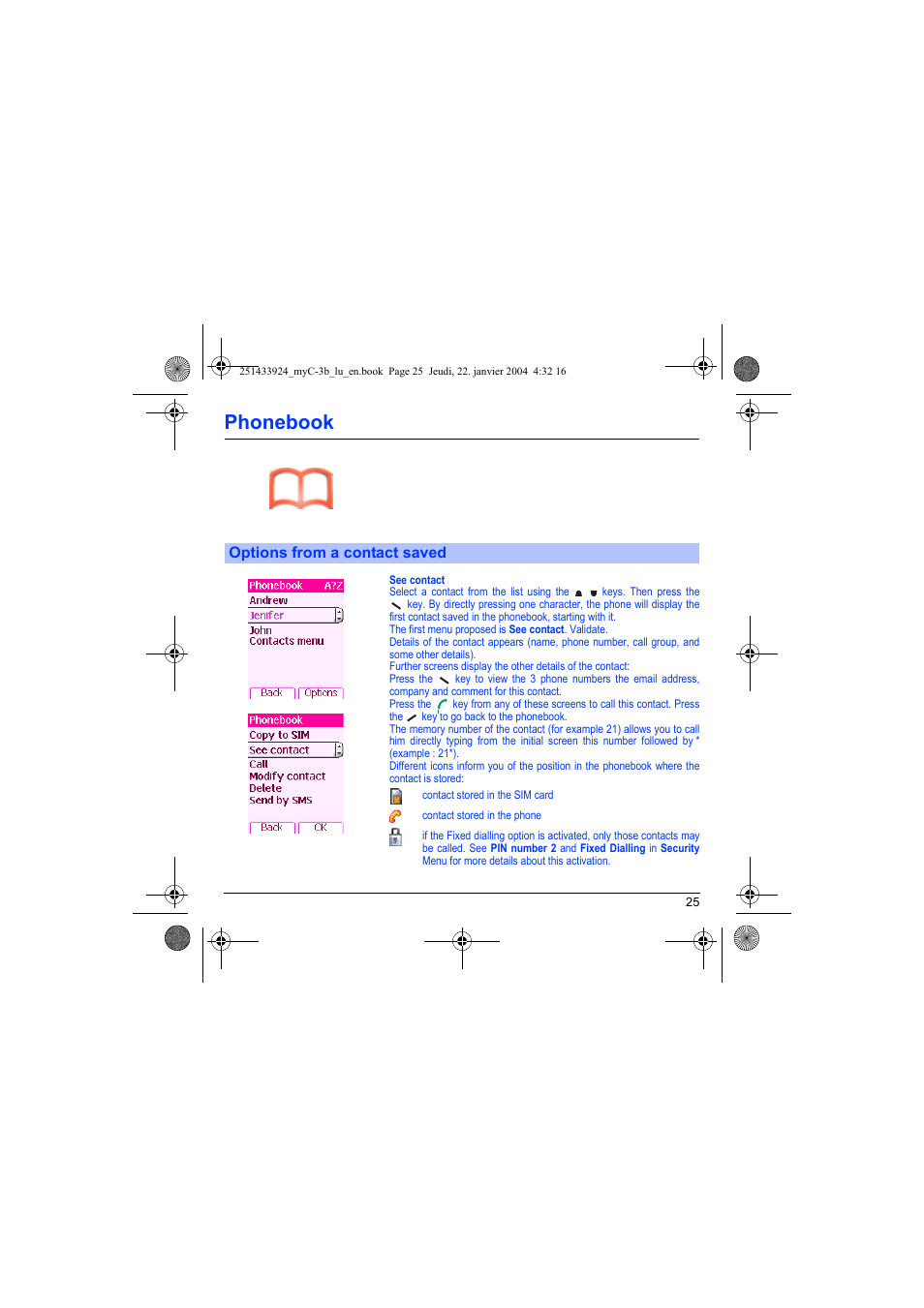 Options from a contact saved, Phonebook | Sagem myC-3b User Manual | Page 28 / 91