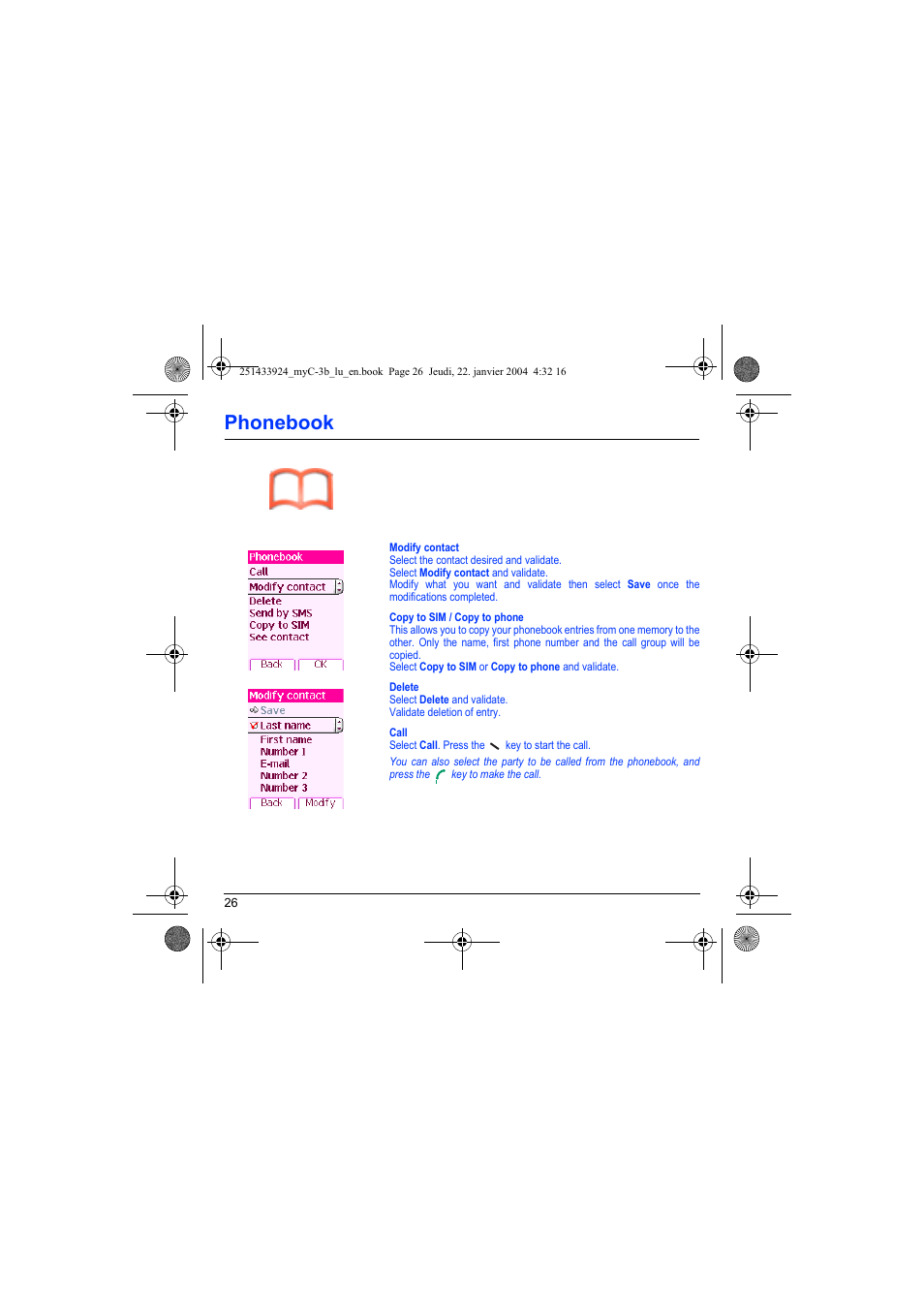 Phonebook | Sagem myC-3b User Manual | Page 29 / 91