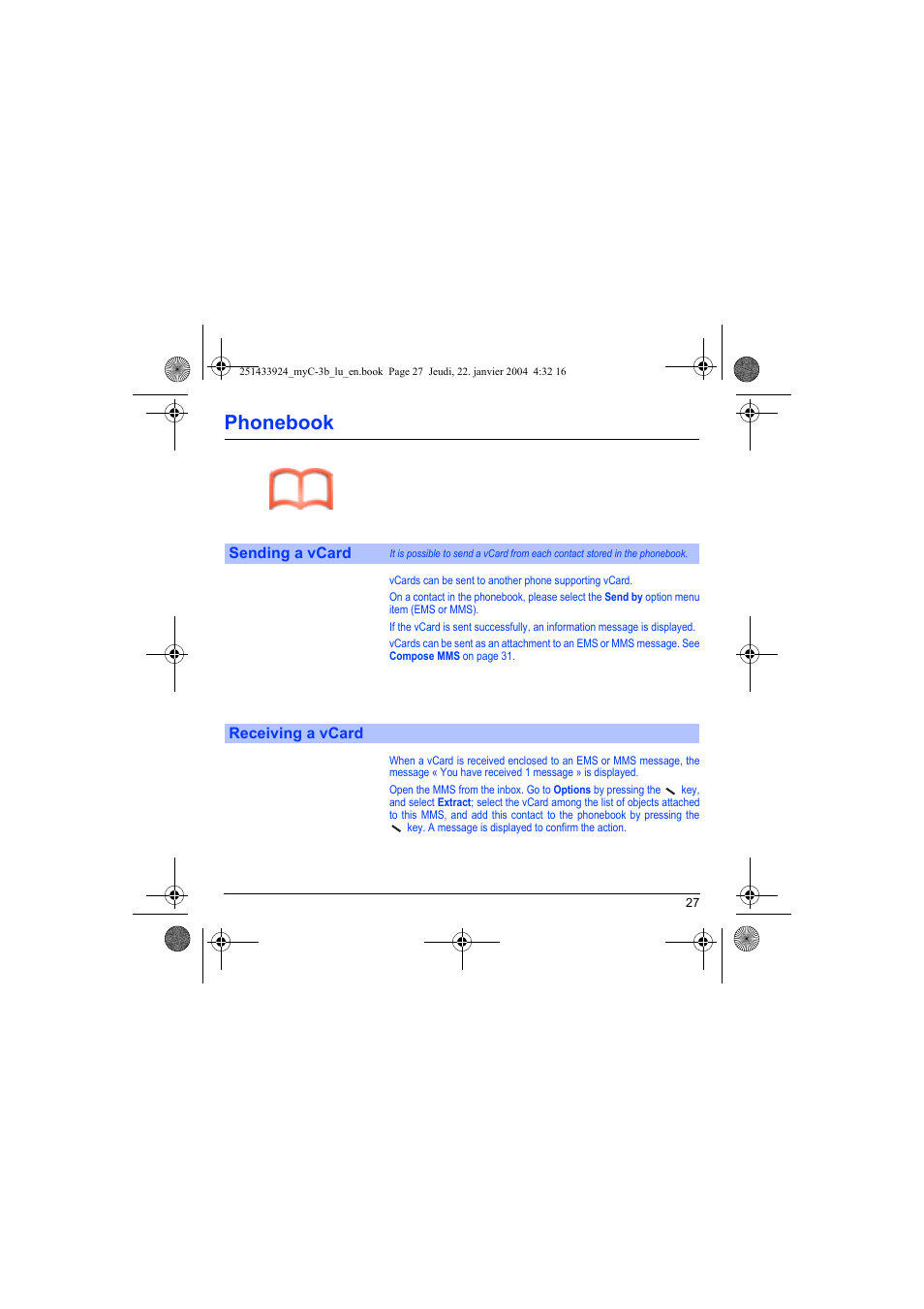 Sending a vcard receiving a vcard, Phonebook | Sagem myC-3b User Manual | Page 30 / 91