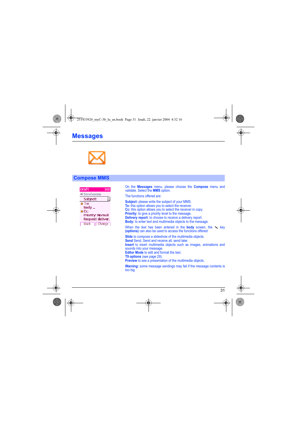 Compose mms, Messages | Sagem myC-3b User Manual | Page 34 / 91