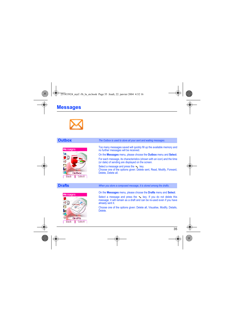 Outbox drafts, Messages | Sagem myC-3b User Manual | Page 38 / 91