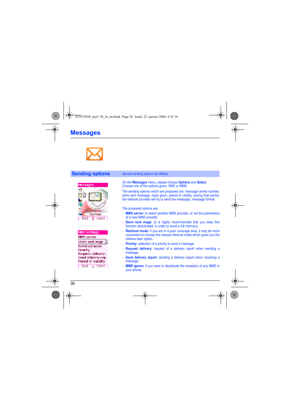 Sending options, Messages | Sagem myC-3b User Manual | Page 39 / 91