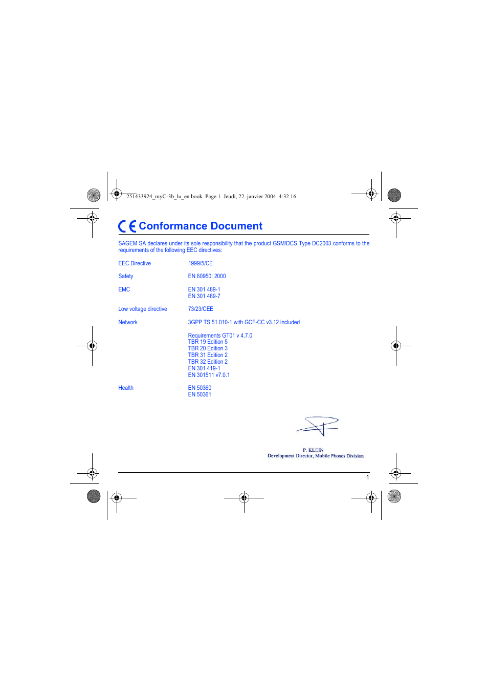 Conformance document | Sagem myC-3b User Manual | Page 4 / 91