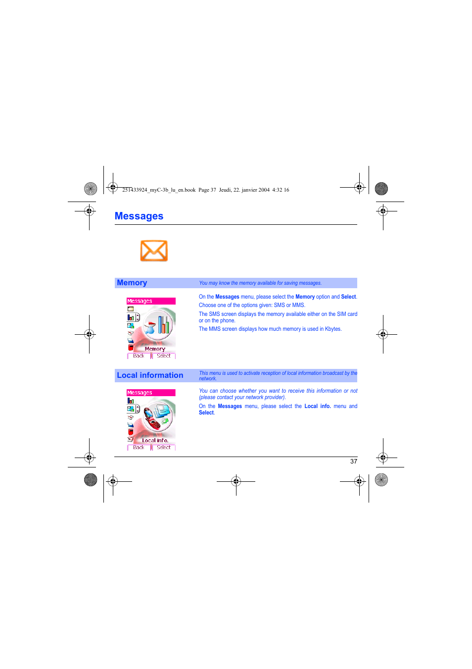 Memory local information, Messages | Sagem myC-3b User Manual | Page 40 / 91